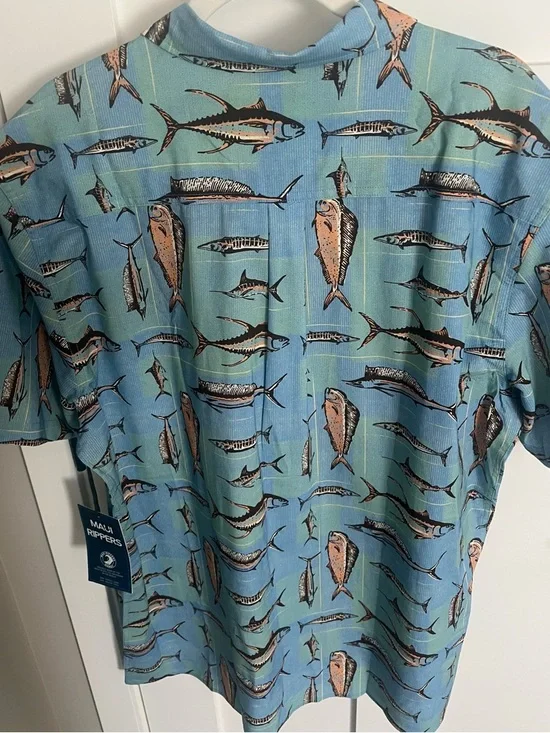 👉 Maui Rippers Aloha Shirt XL Blue Fish Print Hawaiian Button Up Gamefish NWT - Picture 4 of 9
